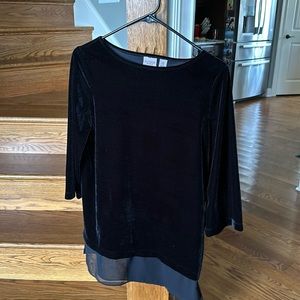 Black polyester spandex Chico’s easy wear set.  Can easily be dressed up.